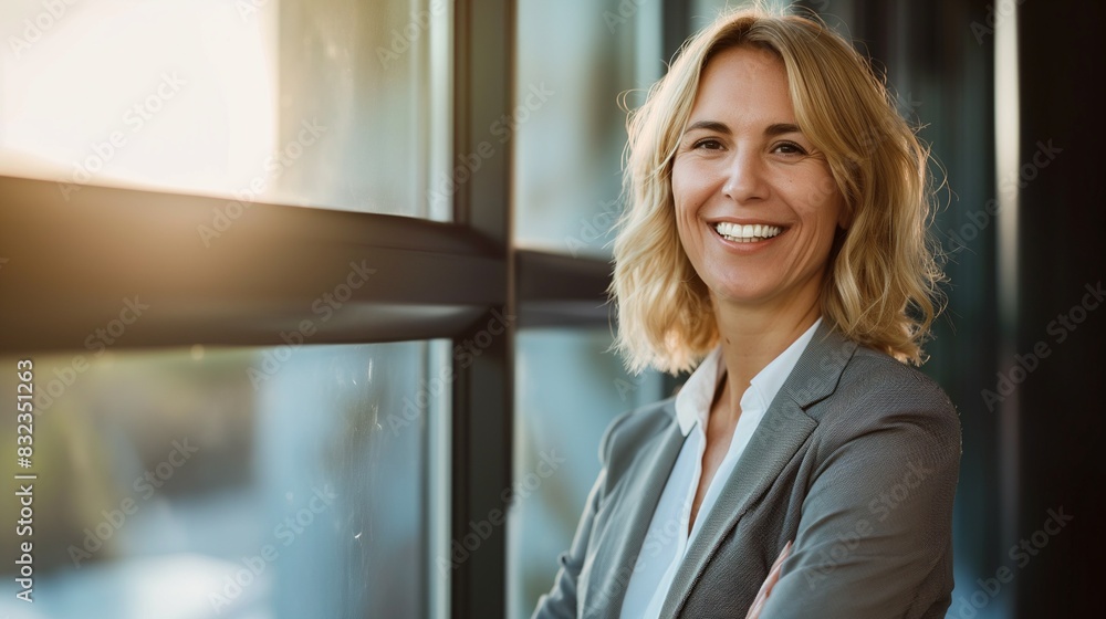 Obraz premium Smiling confident stylish mature middle aged woman standing at office. Old senior businesswoman