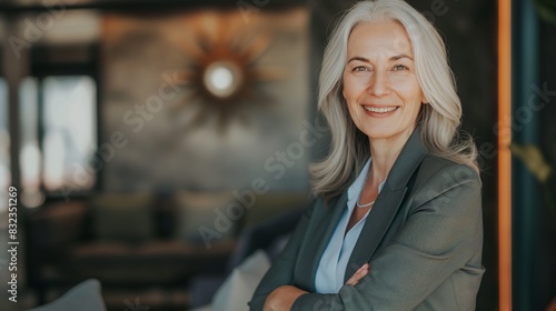 Smiling confident stylish mature middle aged woman standing at office. Old senior businesswoman