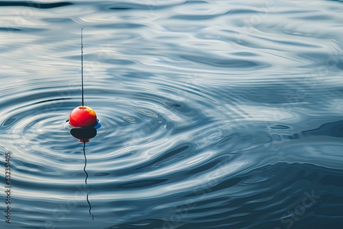 a image of a red and yellow fishing float floating in a body of water photo