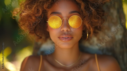 beautiful young african woman in gold glitter flares, magical light.