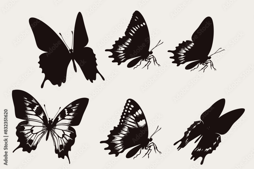 Set of butterflies silhouettes drawing on isolated background. Hand drawn butterfly vector illustration Set of butterflies silhouettes drawing on isolated background. Hand drawn butterfly vector illustration