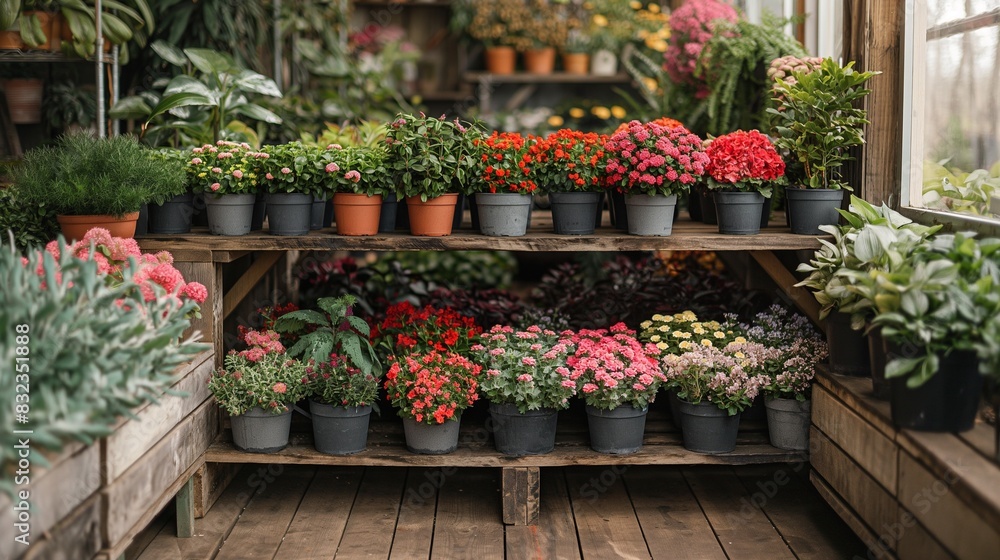 Fototapeta premium Various multicolored flowers growing in pots in greenhouse in garden center