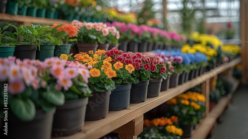Various multicolored flowers growing in pots in greenhouse in garden center