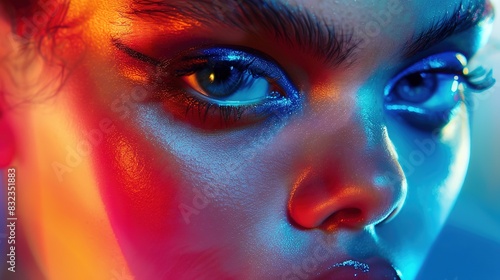 Fantasy Fashion: Extreme Closeup of Mixed-Race Model with Dramatic Blue Lighting and Neo-Effect