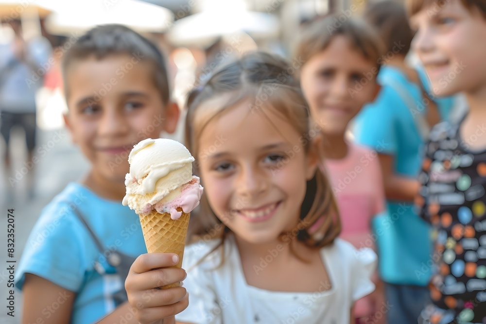 Children Happily Enjoying Ice Cream Cones on a Summer Day Outdoors