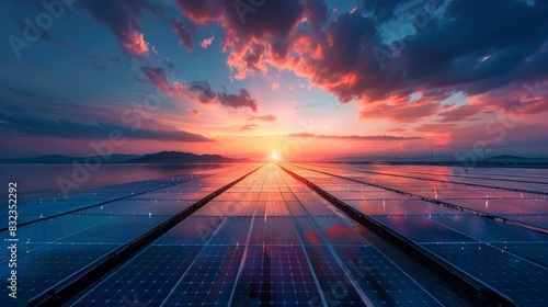 A vibrant sunset casts a warm glow over a vast solar panel field  showcasing a path towards clean energy and a sustainable future.