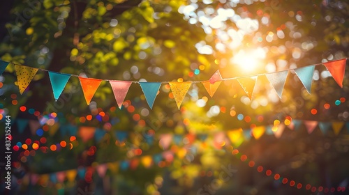 Colorful bunting and decorations hanging in the air at an outdoor party, with sunlight filtering through trees. The background is blurred to emphasize the colorful flags. photo