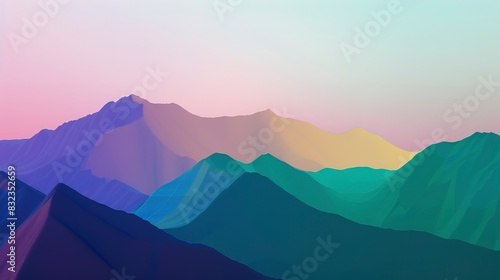 Mountain range panorama flat design front view serene landscape theme 3D render Triadic Color Scheme photo