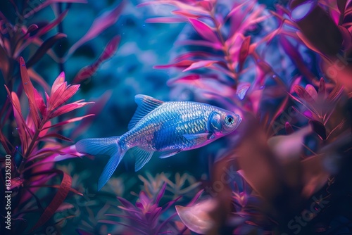 Electric blue fish swimming in magentatinted underwater world photo