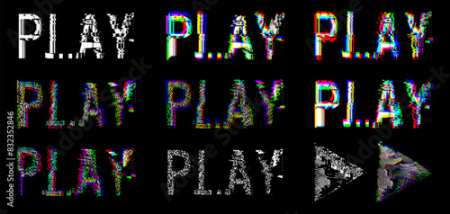 Glitch Pixel RGB Split Video Game PLAY Message. Old VHS Player or Retro Game Console Concept. 3D Glitch VHS Distort Effect Text. Arcade Begin. Vector Illustration.