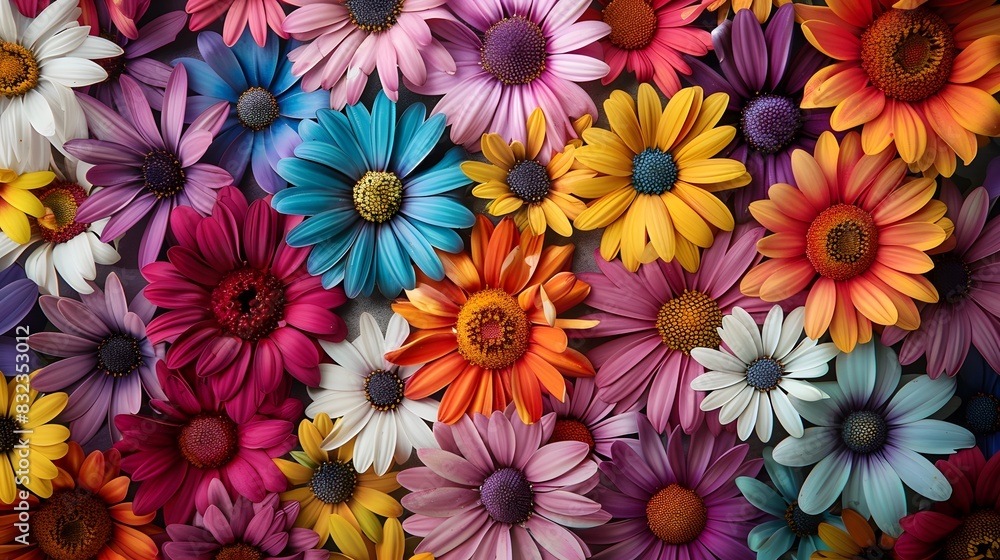 Colorful paper daisies arranged in an intricate pattern, showcasing the beauty of floral artistry and creativity. Colorful paper daisies arranged in an intricate pattern, showcasing the beauty of floral artistry and creativity.