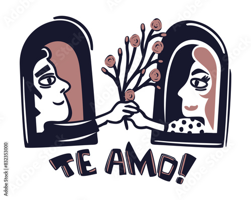 Brazilian cordel style. Man giving flowers to woman. I love you. Lettering in portuguese language. Love concept. Northeast woodcut style