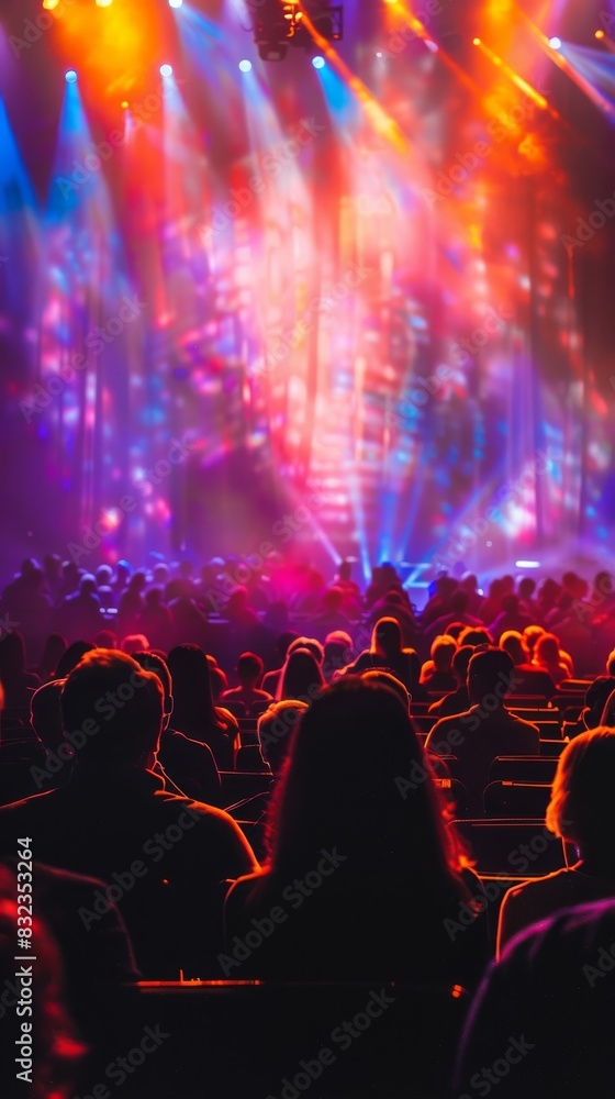 Vibrant concert crowd under colorful stage lights, captured during a live music event, depicting excitement and energy.