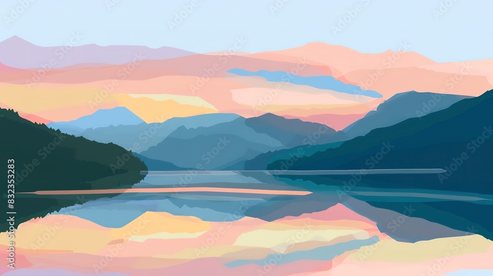 Mountain dawn illustration flat design front view early morning tranquility theme water color Analogous Color Scheme Mountain dawn illustration flat design front view early morning tranquility theme water color Analogous Color Scheme