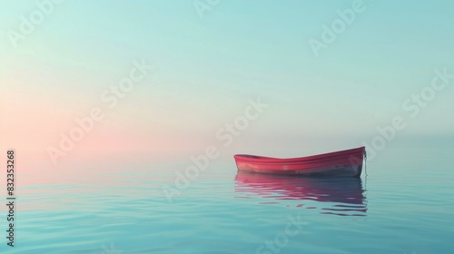 A tranquil scene of a single red boat floating on calm waters during a pastel-colored sunrise creating a peaceful and serene atmosphere.