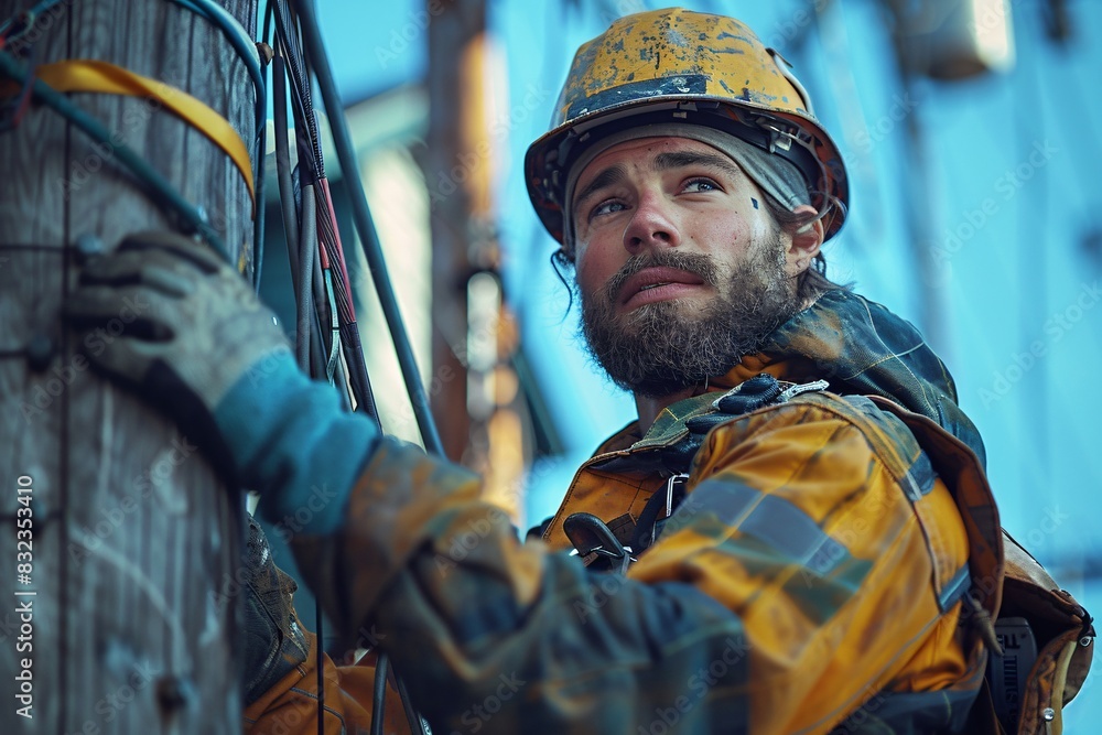 Bearded Lineman Working on Power Lines Bearded Lineman Working on Power Lines