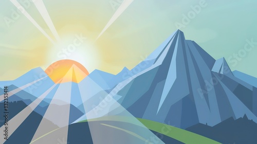 Morning light on summit brochure flat design side view daily awakening theme cartoon drawing Split-complementary color scheme