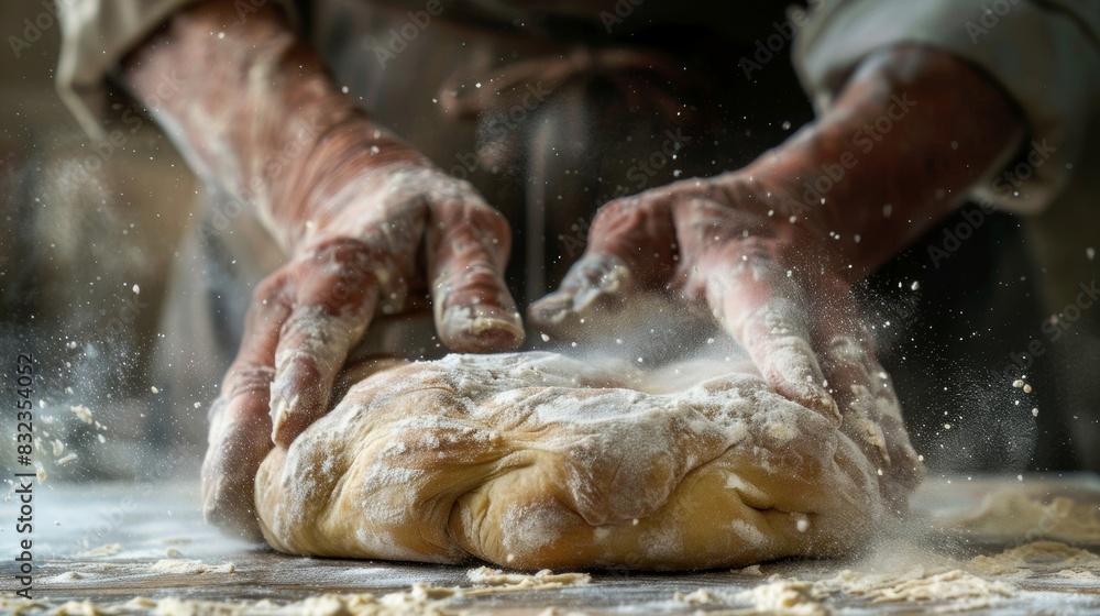 Fototapeta premium People kneading dough to make butter bread