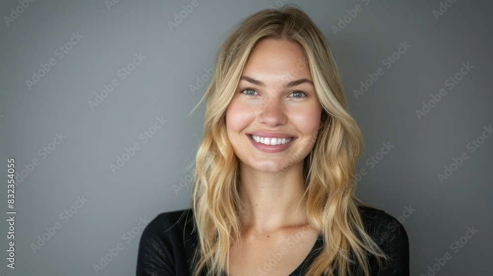 Headshot of a beautiful blond smiling young woman looking at the camera on gray background. Headshot of a beautiful blond smiling young woman looking at the camera on gray background.