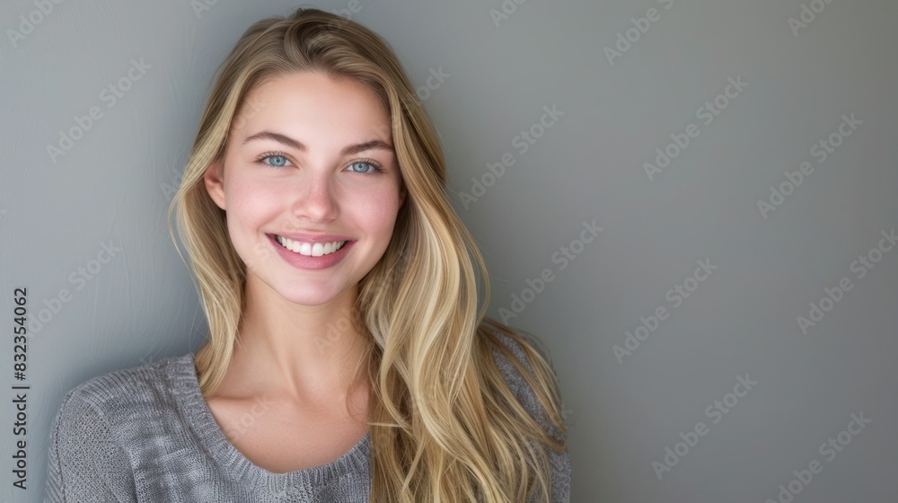 Fototapeta premium Headshot of a beautiful blond smiling young woman looking at the camera on gray background.