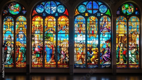 Intricate stained glass window showcasing vibrant biblical scenes in a burst of colors