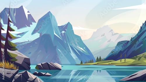 Summit lake panorama flat design side view photography hotspot theme cartoon drawing Split-complementary color scheme  photo