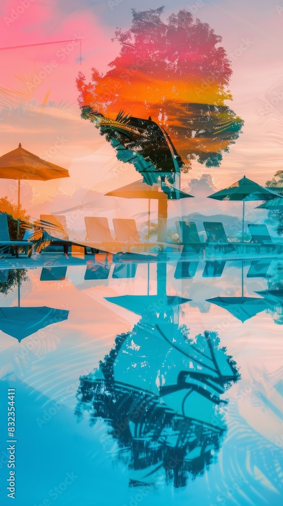 Colorful sunset reflects in swimming pool with lounge chairs and umbrellas, creating a serene summer vacation scene.