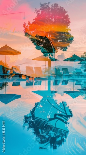 Colorful sunset reflects in swimming pool with lounge chairs and umbrellas  creating a serene summer vacation scene.