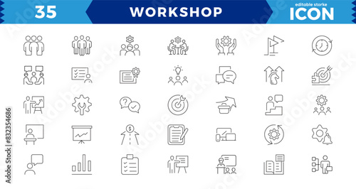 Workshop web icon set. collaboration, teamwork, partnership, goals, problem-solving, and education,Workshop outline icons with Includes Presentation, Managing, editable stroke outline icons.
