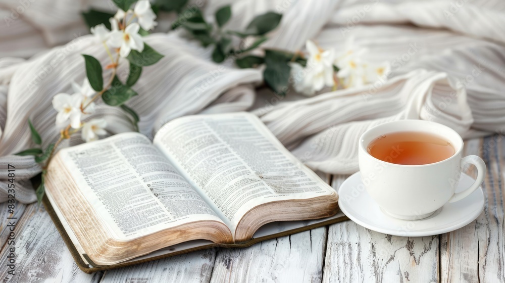 Tranquil scene with an open Bible on a wooden table and a cup of tea, perfect for meditation Tranquil scene with an open Bible on a wooden table and a cup of tea, perfect for meditation