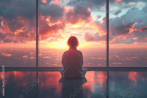 Serene silhouette against a vivid sunset sky with dramatic clouds, reflecting on a glass surface, creating a peaceful and introspective atmosphere