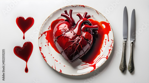 Plate on white background. Bloody human heart on a plate. Generative AI