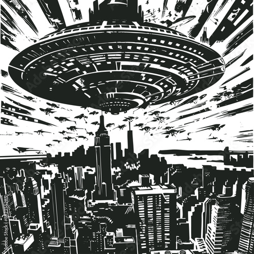 A huge alien flying saucer hangs over the city, vector