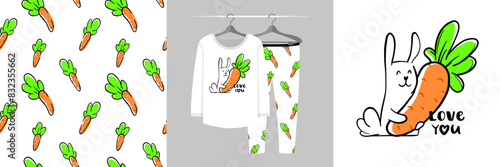 Seamless pattern and illustration with rabbit hugs carrot. Best friends bundle. Love you text. Cute design pajamas. Baby background for fashion t-shirt print, birthday invitation card, wrapping