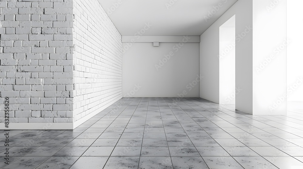 Fototapeta premium Empty room interior with a white brick wall and concrete floor, mock up for design presentation. Background of an empty studio or office space with white walls.
