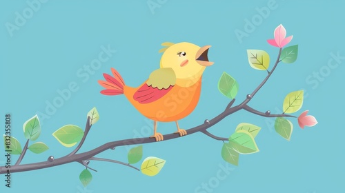 Colorful bird singing on a tree branch, surrounded by fresh green leaves and blooming flowers against a bright blue sky