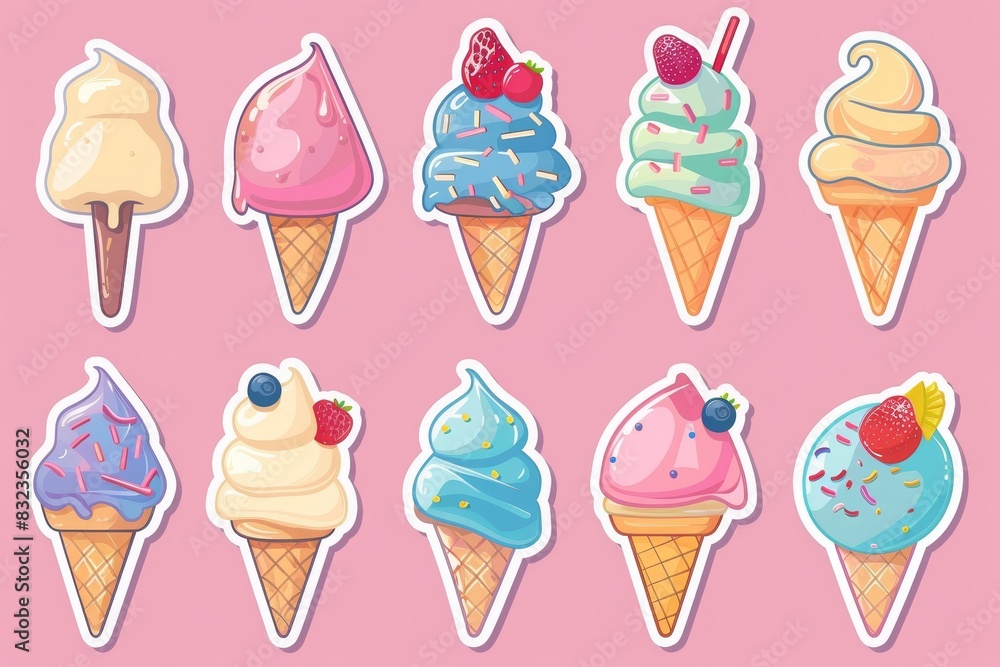 Colorful cartoon ice cream cone illustrations with various toppings on a pink background. Perfect for summer and dessert themes. Colorful cartoon ice cream cone illustrations with various toppings on a pink background. Perfect for summer and dessert themes.