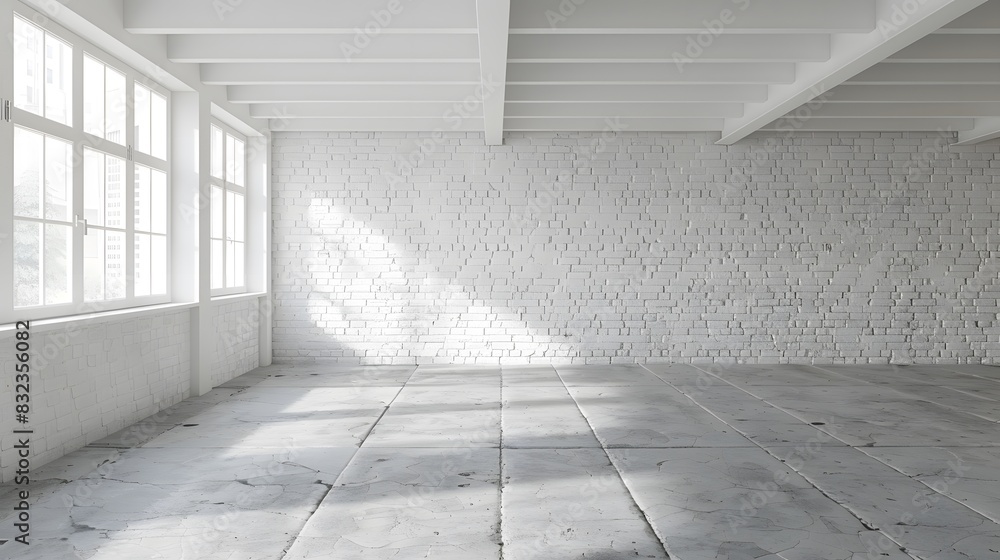 Empty room interior with a white brick wall and concrete floor, mock up for design presentation. Background of an empty studio or office space with white walls. Empty room interior with a white brick wall and concrete floor, mock up for design presentation. Background of an empty studio or office space with white walls.