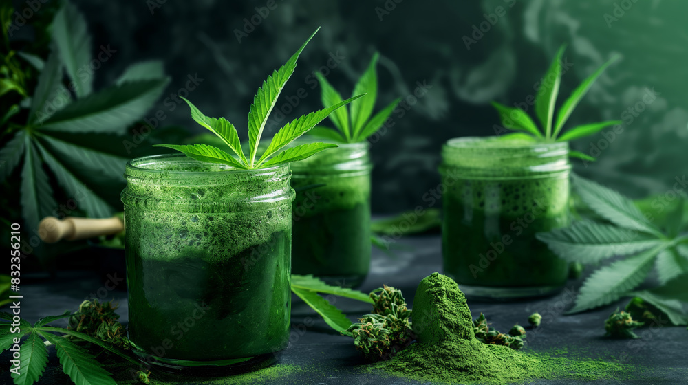 Delicious and tasty smoothie cocktail with cannabis extract, decorated with hemp leaves. Food infused with CBD, marihuana. Concept: Alternative medicine, organic and healthy snack with cannabis Delicious and tasty smoothie cocktail with cannabis extract, decorated with hemp leaves. Food infused with CBD, marihuana. Concept: Alternative medicine, organic and healthy snack with cannabis