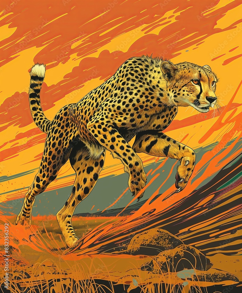 Naklejka premium Dynamic Cheetah Running Through Vibrant Sunset Grasslands