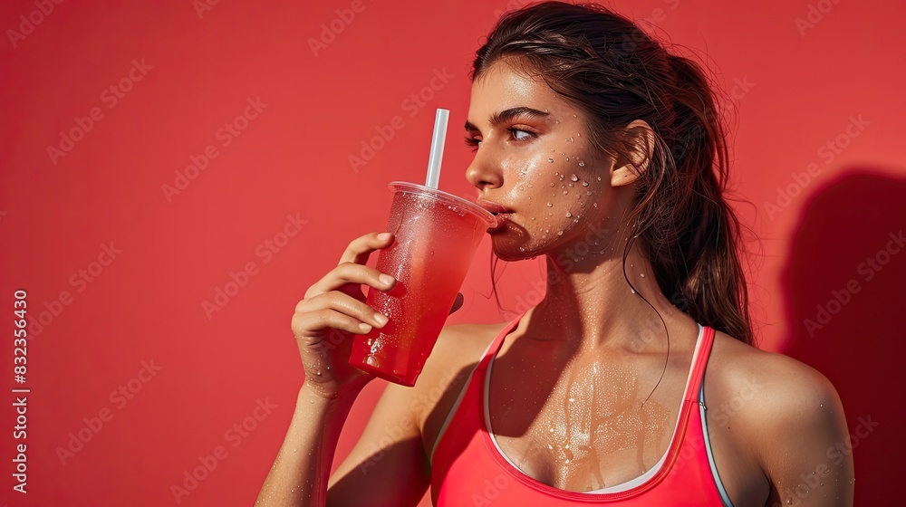 Female fitness model with a refreshing drink, sweat on her face, isolated on a ruby red background with summer vibes Female fitness model with a refreshing drink, sweat on her face, isolated on a ruby red background with summer vibes