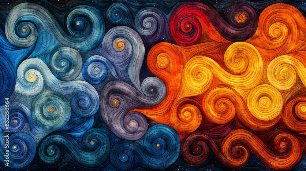 The art of swirling waves merging Similar to water waves or wind currents between warm and cool tones of various colors.
The art of swirling waves merging Similar to water waves or wind currents between warm and cool tones of various colors.