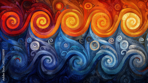 Whirlpools, spirals, merging, similar to underwater waves or wind currents. Between the warm tone of orange and the cool tone of blue. 