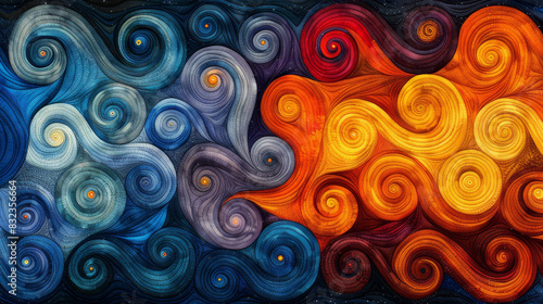 The art of swirling waves merging Similar to water waves or wind currents between warm and cool tones of various colors. 