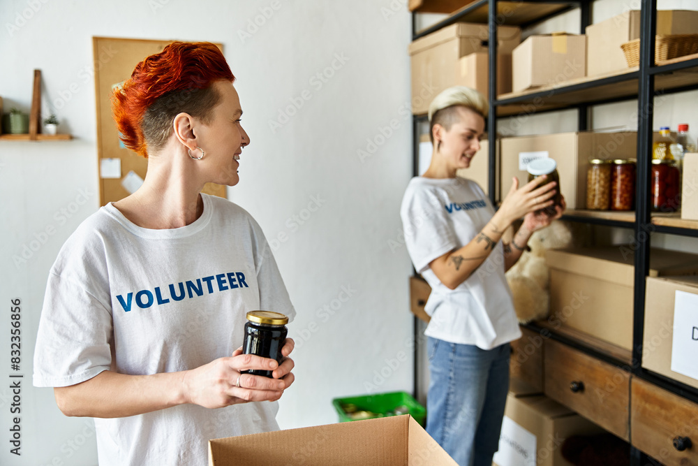 Young lesbian couple in volunteer t-shirts organizing boxes and cans for charity work in the room. Young lesbian couple in volunteer t-shirts organizing boxes and cans for charity work in the room.