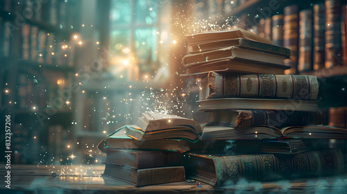 The photo shows a stack of old books in a library with a beautiful blurred background.
