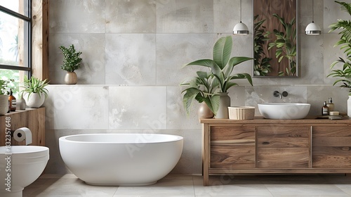 Minimalist bathroom with wall tiles and white sink  wood cabinet for small object on the right side  toilet bowl at left edge of frame  copy space for text or design.