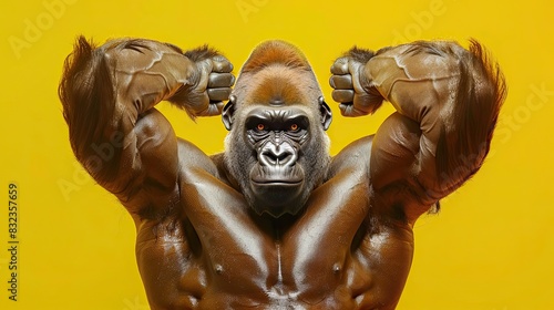 Gorilla head on a muscular human body doing shoulder presses isolated on a lemon yellow background © Abdul