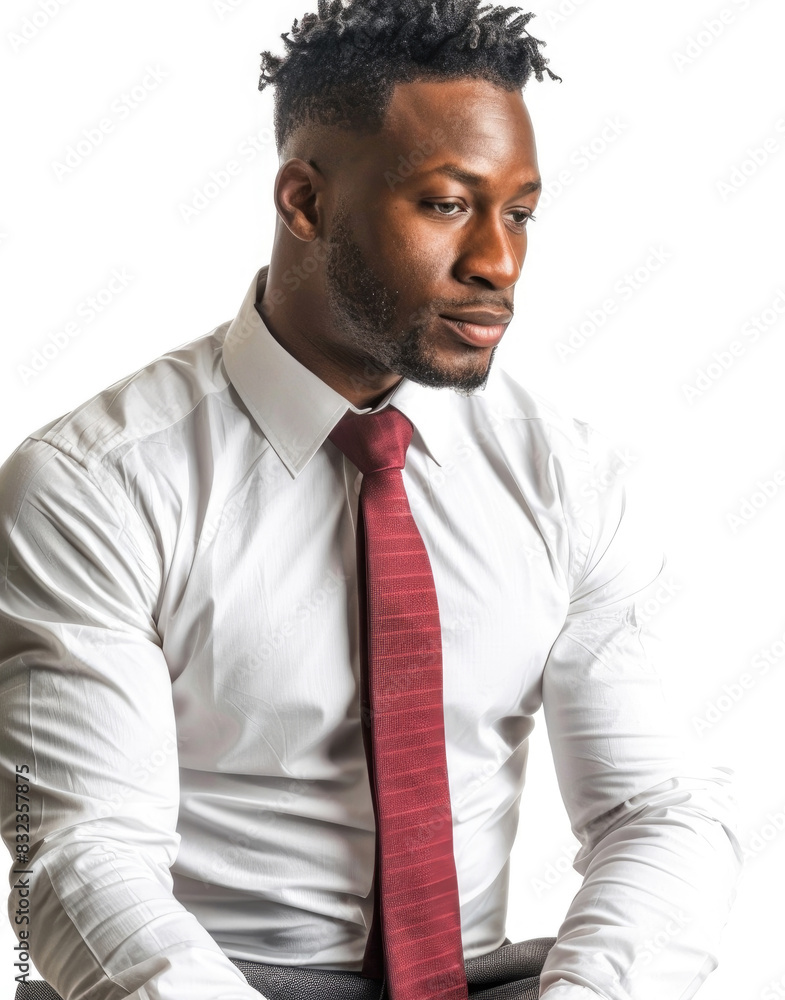 A man with a white shirt and red tie standing upright A man with a white shirt and red tie standing upright
