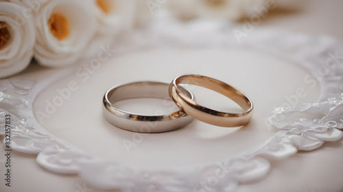 Elegant wedding rings placed on beige surface in light room with minimalist interior, Generative AI